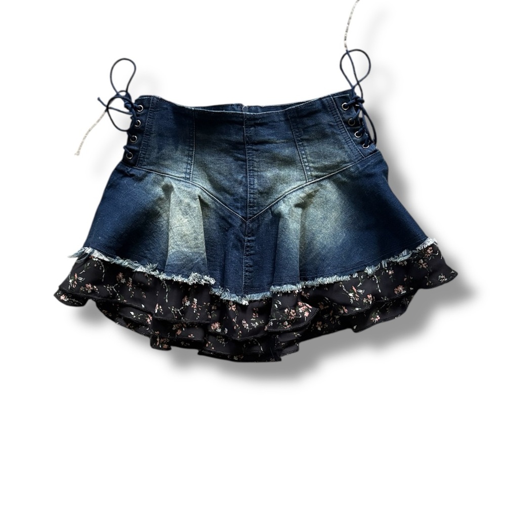 DollsKill | Current Mood Pleated Floral Denim Side Lace Up Y2K Grunge Mini Skirt - Picture 1 of 8
